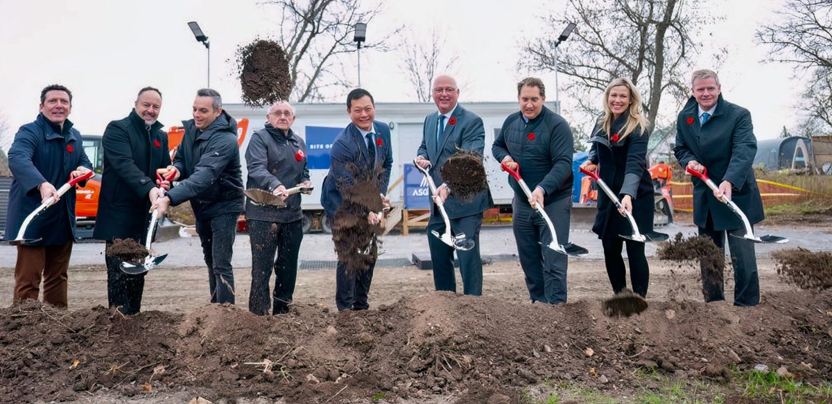 Officials break ground on the new long-term care home in Madoc, Ont., on Nov. 4, 2023. Among attendees were Ontario Minister of Long-term Care Stan Cho, fifth from left, and MPP Ric Bresee, sixth from left.