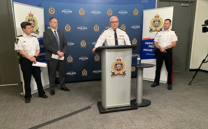 Chief Dale McFee speaks to reporters in Edmonton about charges laid against a man in connection with the deaths of two police officers.