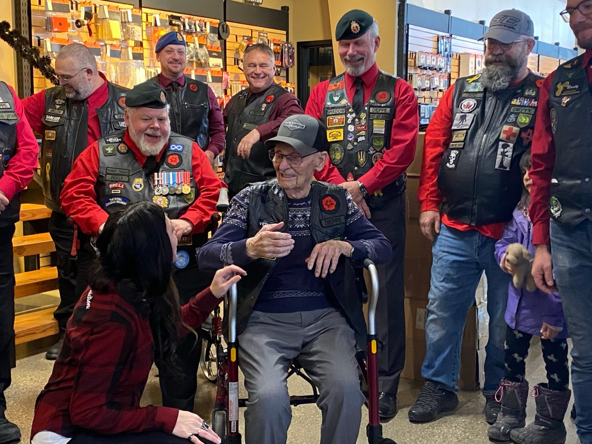 The Canadian Army Motorcycle Unit gives out a special honour to Manitoban World War Two vet Orville Marshall on Saturday, Nov. 25, 2023.