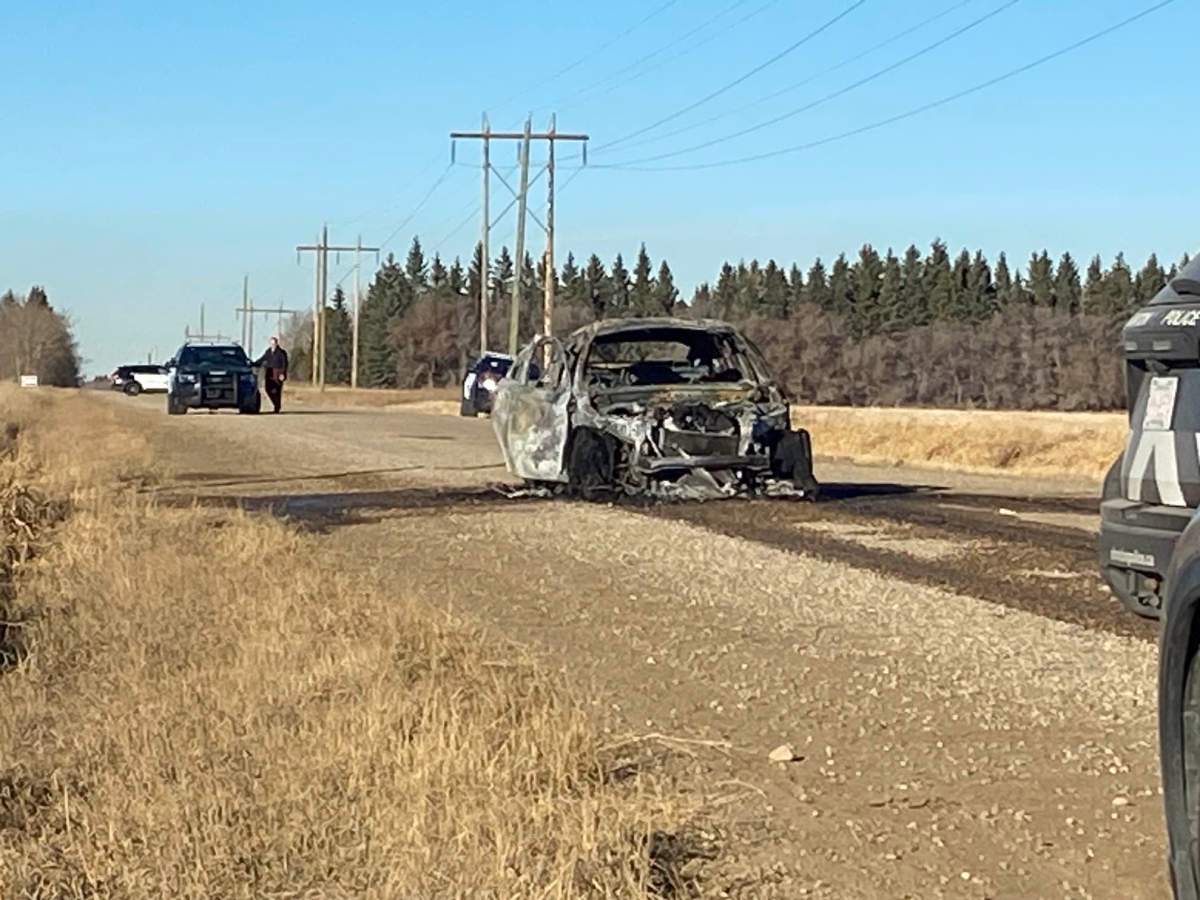 A burnt-out SUV on Township Road 510 near 34 Street in rural southeast Edmonton on Thursday, Nov. 9, 2023.