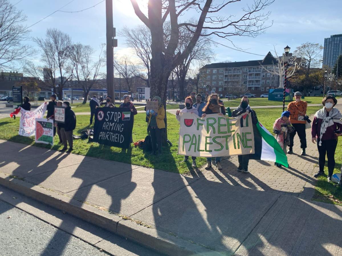 Protesters demonstrate across from the Halifax International Security Forum on Nov. 17, 2023.