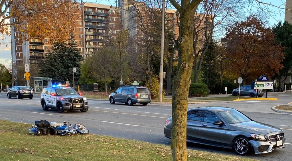 Toronto police are on scene after receiving reports of a vehicle and a motorcycle collision in the Finch East and Warden avenues area on Monday, Nov. 13.