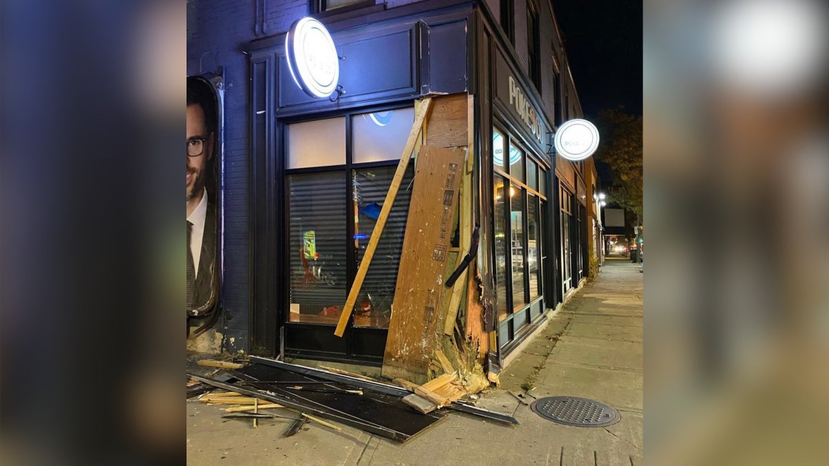 Photo of Poke Co restaurant on Ottawa Street North at Cannon after a vehicle damaged a section of the restaurant in an overnight crash Nov. 1, 2023.