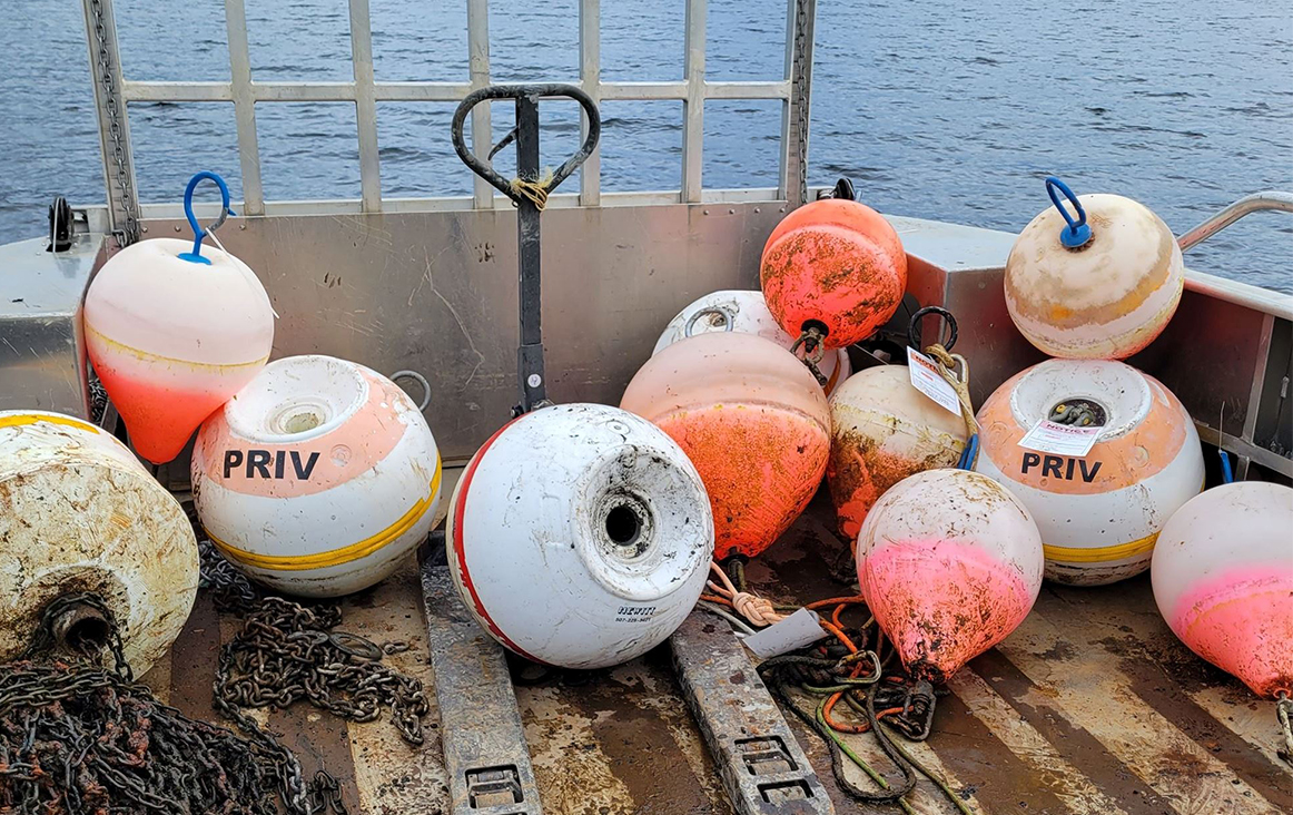 A collection of non-compliant buoys that were removed from Shuswap Lake in 2023.