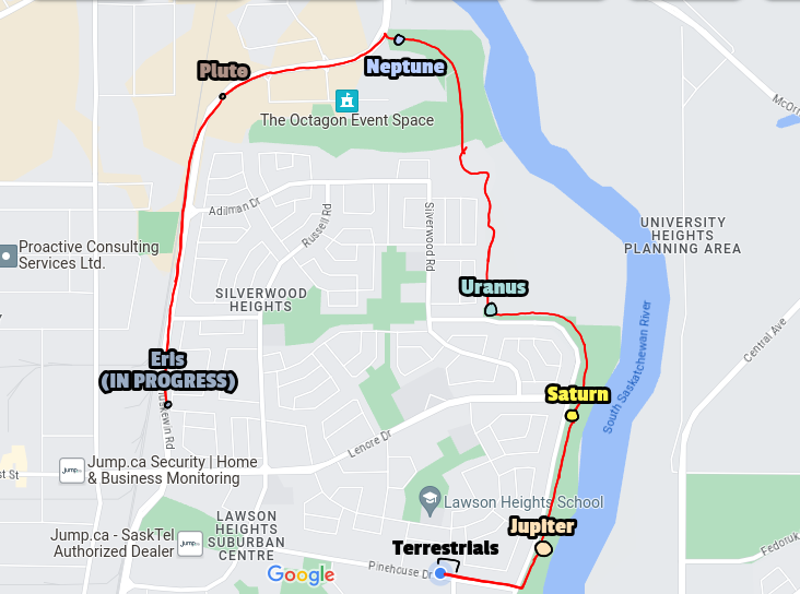 Map provided by Roman Rabbitskin, showing the route of his Solar System Walk.