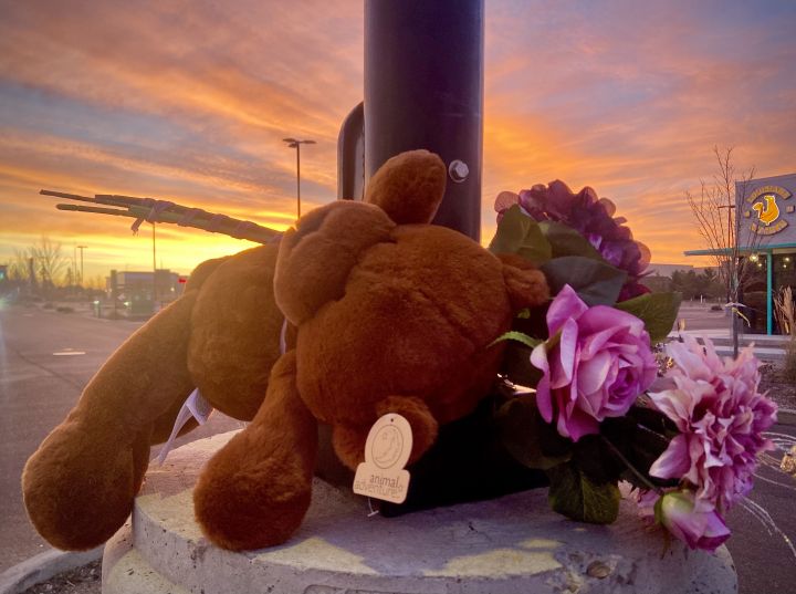 A makeshift memorial is seen in south Edmonton on Nov. 10, 2023 near where a father and son were shot and killed a day before.