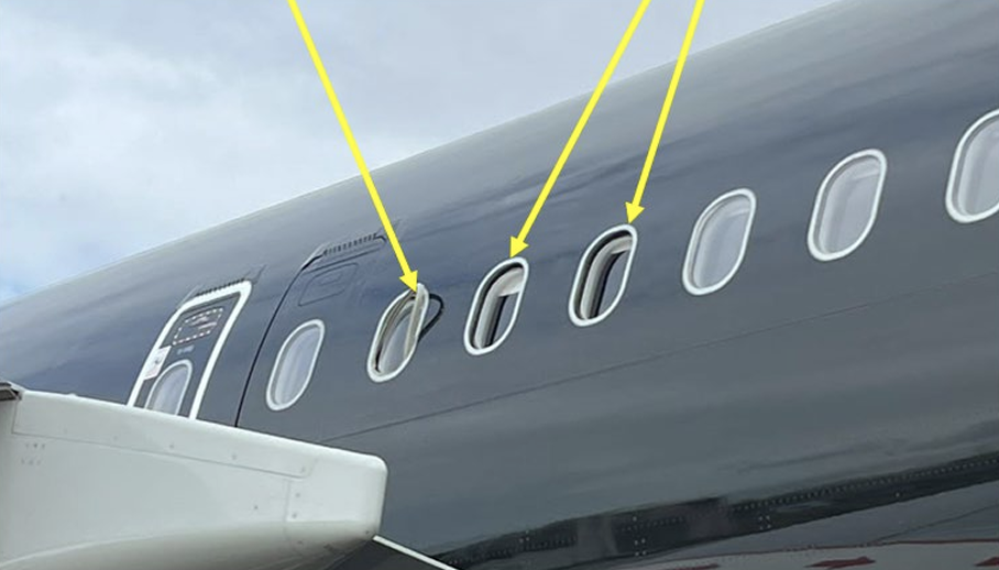 Photo of a damaged Airbus A321 plane that took off from a London airport with window panes missing on Oct. 4, 2023.
