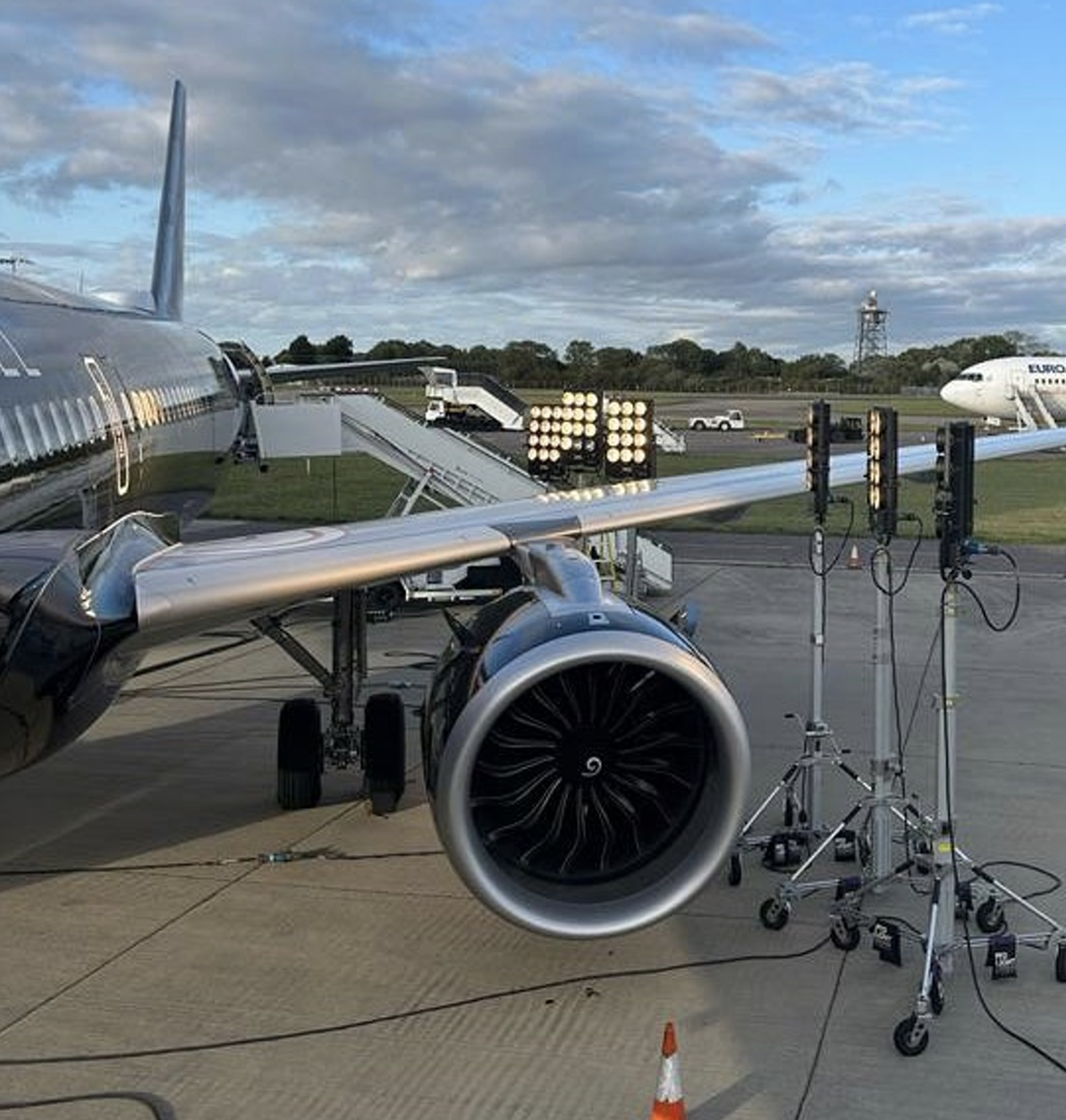 Flood lights were used during the filming event the day before the Airbus A321 plane took off.