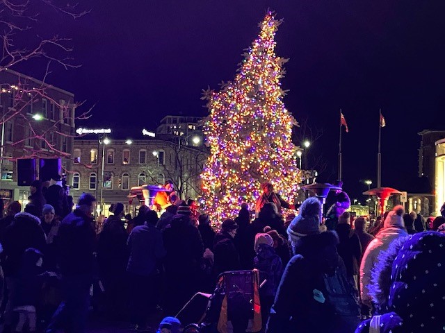 A tree-lighting ceremony in downtown Guelph.