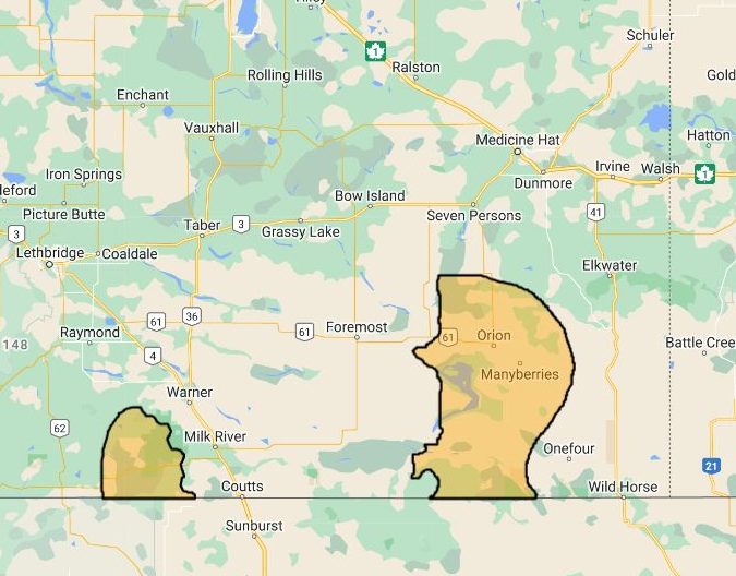 The areas in southern Alberta that can apply for the Starlink pilot project.