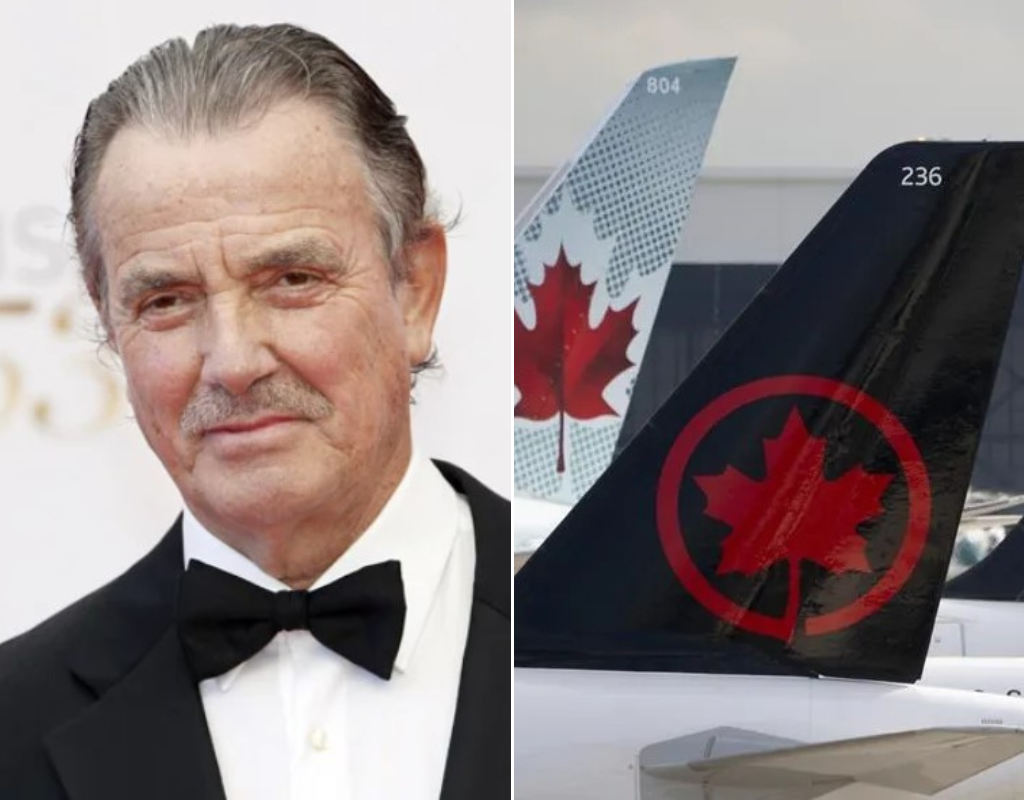A split image of Eric Braeden dressed in a tuxedo and the Air Canada logo on the wings of a plane.