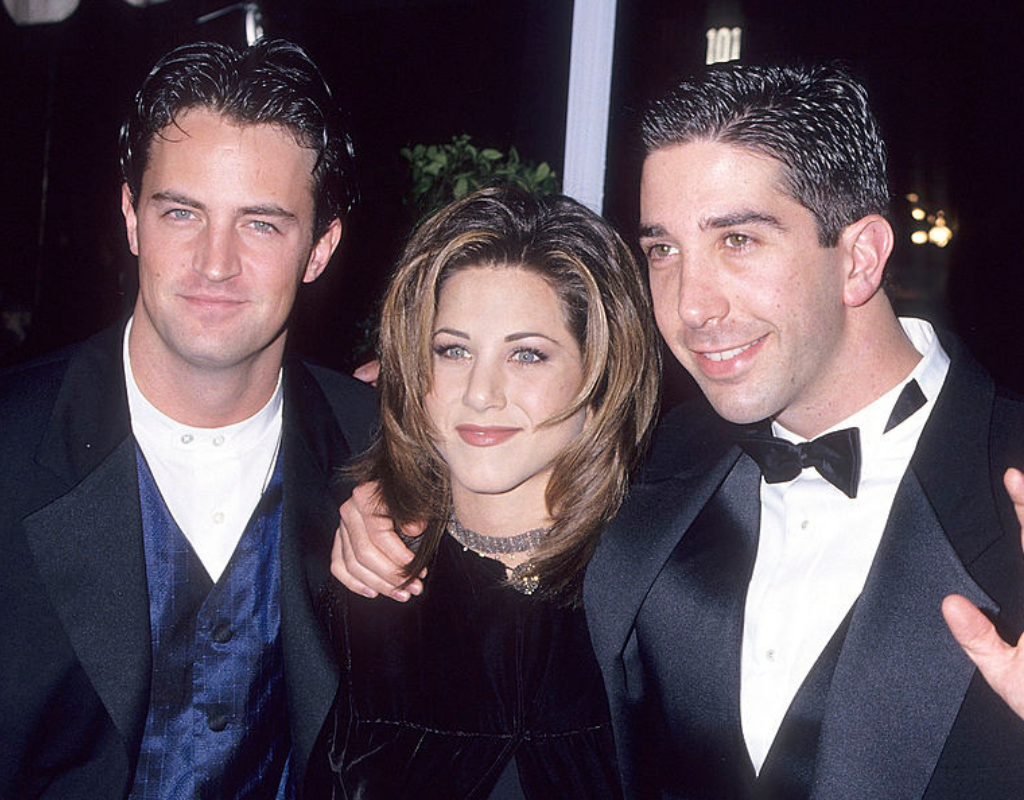 Actor Matthew Perry, actress Jennifer Aniston and actor David Schwimmer attend the 21st Annual People's Choice Awards on March 5, 1995 at Sound Stage 12, Universal Studios in Universal City, Calif.