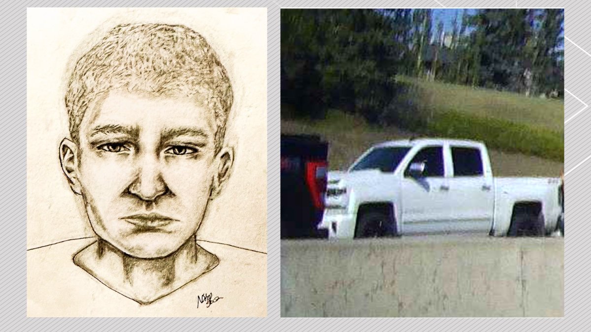 A composite sketch of a suspect and a photo of the pickup truck Calgary police believe he was driving at the time of an alleged road rage assault on Sep. 7, 2023, that left another driver unconscious.
