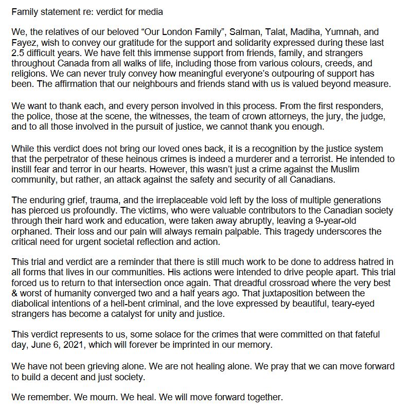 An image of the family statement released after the verdict in the London, Ont., attack trial.