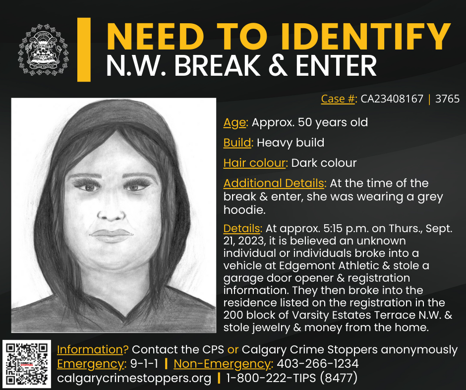 Calgary police are looking for a suspect believed to be involved in a break-and-enter in the northwest community of Varsity in September.