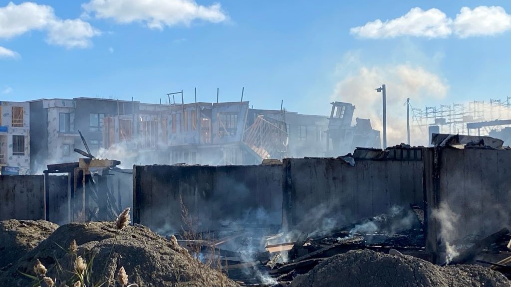 Vaughan Fire Crews are battling a massive fire in an under-construction townhouse development near the intersection of Highway 27 and Rutherford Road in Vaughan, Nov. 5, 2023.