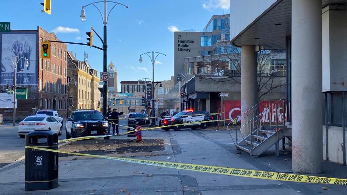 Hamilton police cordoned off an area on York Boulevard between Park Street North and MacNab Street North on Nov. 27, 2023 for a death investigation.