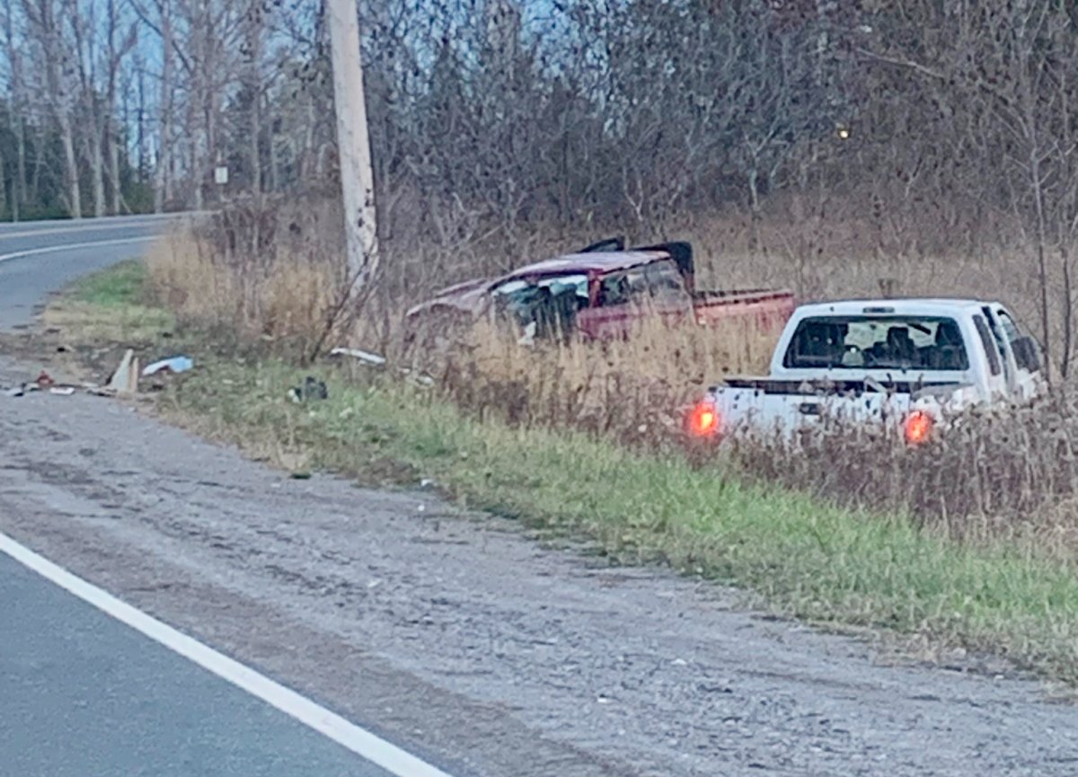 The drivers of two pickups were taken to hospital following a collision on Hwy. 35 near Fenelon Falls in the City of Kawartha Lakes on Nov. 4, 2023.