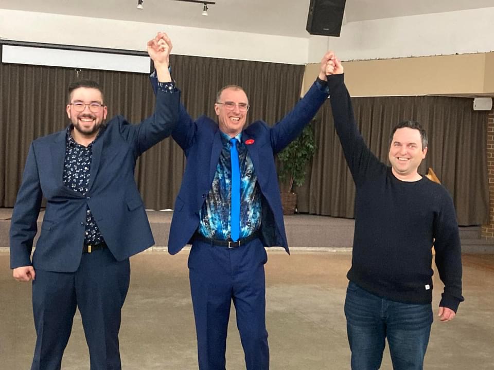 Kevin Acton (middle) celebrates after being named candidate for the BC United Party in the Vernon-Lumby riding.