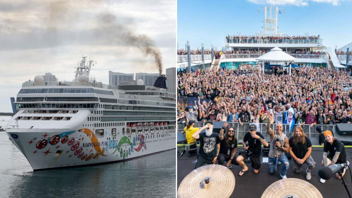 A split photo. On the left is the Norwegian Pearl. On the right is the band Lamb of God on stage in front of a crowd.
