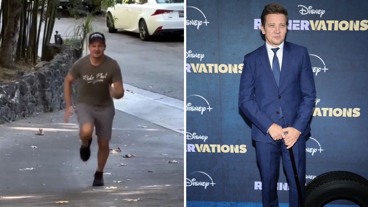 A split image. On the left is a still of Jeremy Renner jogging in his 10-month update video. On the right is Jeremy Renner on a red carpet. He is wearing a blue suit and holding a cane.