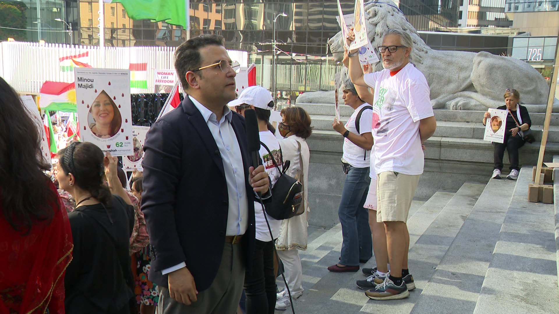 Journalist Kamran Malekpour reports on protests in Vancouver on the one-year anniversary of the death of Mahsa Amini for Iran International, Sept. 16, 2023.