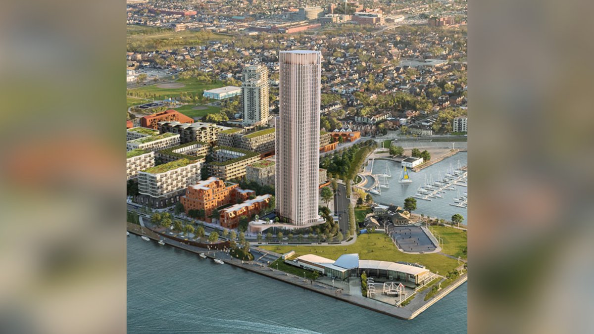 A 2020 rendering propose of a tall building proposed for the waterfront at Pier 8. The residential tower plans for some 429 units, contributing to the range of affordable housing and residential family-units, according to the City of Hamilton.