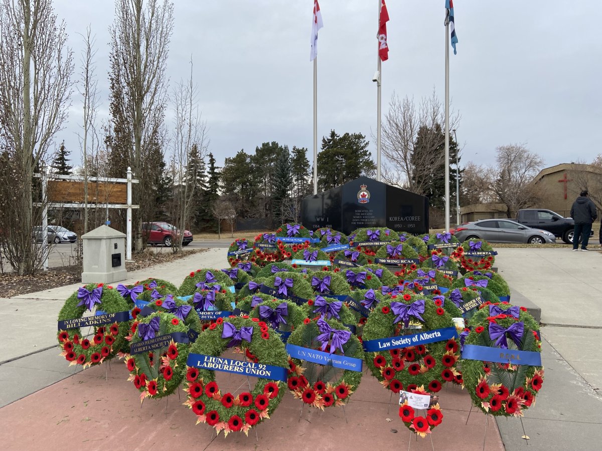 Wreaths mark a Remembrance Day service outside Edmonton's Kingsway legion.