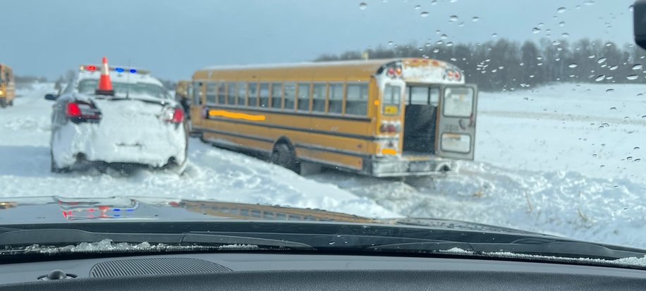 3 hurt after elementary school bus slides off snowy road east of Goderich, Ont.
