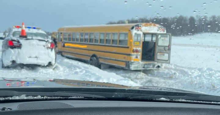 3 hurt after elementary school bus slides off snowy road east of Goderich, Ont.