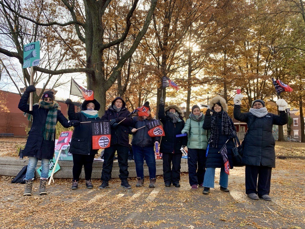 School support staff workers on strike in Montreal on Nov. 21, 2023.