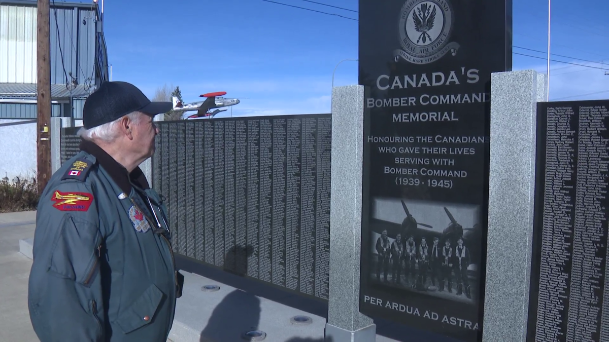 Karl Kjarsgaard inspects Canada's Bomber Command Memorial at the Bomber Command Museum of Canada in Nanton, AB.