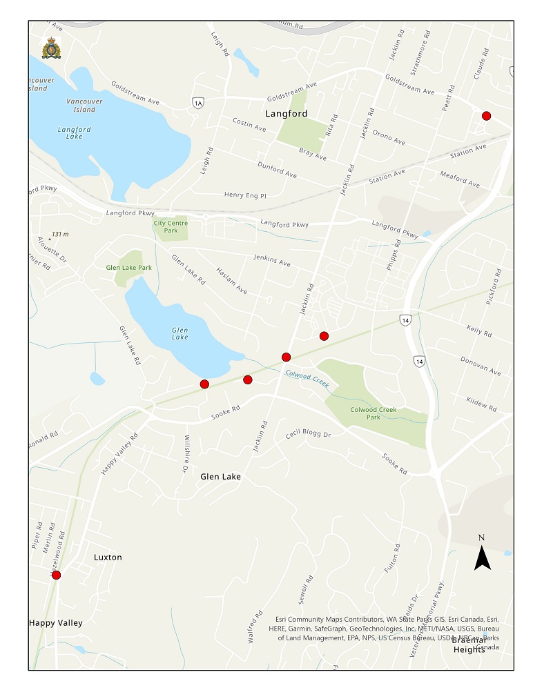 A map of the location of alleged indecent acts committed in Langford.