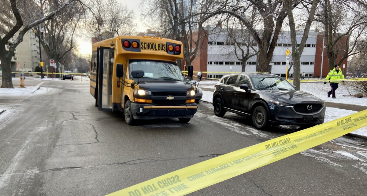 Collision between school bus and pedestrian near 110 Street and 99 Avenue on Dec. 8, 2023.