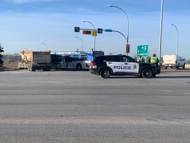 An Edmonton bus collided with a dump truck on Dec. 12, 2023, at 170 Street and Yellowhead Trail.