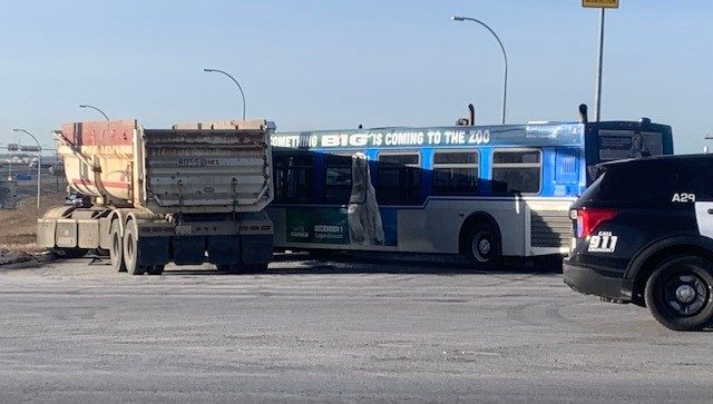 An Edmonton bus collided with a dump truck on Dec. 12, 2023, at 170 Street and Yellowhead Trail.
