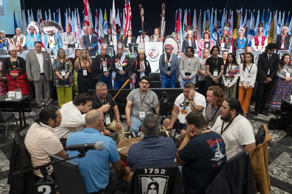 The Assembly of First Nations is set to elect its new national chief this week in Ottawa. The Eastern Eagles Mi'kmaq drumming group performs at the beginning of the AFN annual general assembly, in Halifax, Tuesday, July 11, 2023. THE CANADIAN PRESS/Darren Calabrese.