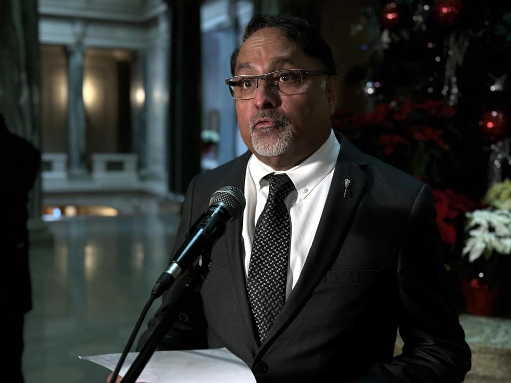Saskatchewan Party MLA Gary Grewal speaks to reporters on Monday Dec. 4, 2023 in Regina. Grewal spoke about allegations his motel increased rates for a social services recipient when the government started to pay for her stay. THE CANADIAN PRESS/Jeremy Simes.