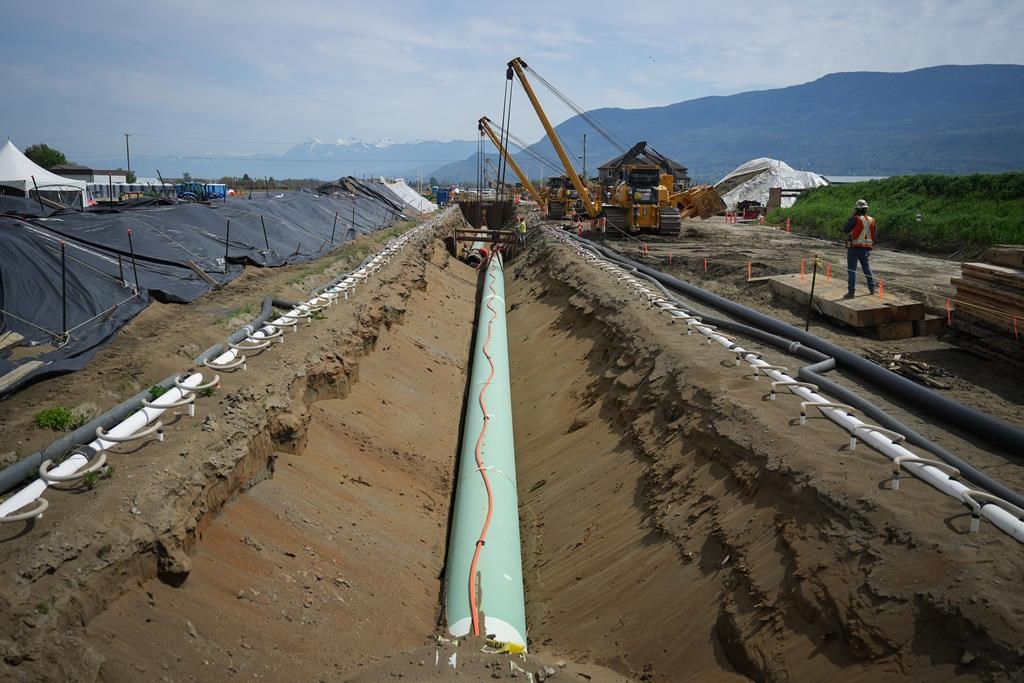 Workers lay pipe during construction of the Trans Mountain pipeline expansion on farmland, in Abbotsford, B.C., Wednesday, May 3, 2023.