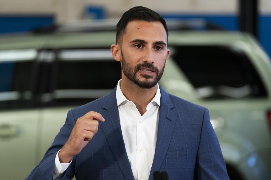 Ontario Education Minister Stephen Lecce delivers remarks at Lakeshore Collegiate Institute in Toronto, on Thursday, Aug. 31, 2023. Lecce says he is introducing a new process for building schools that will cut timelines in half.