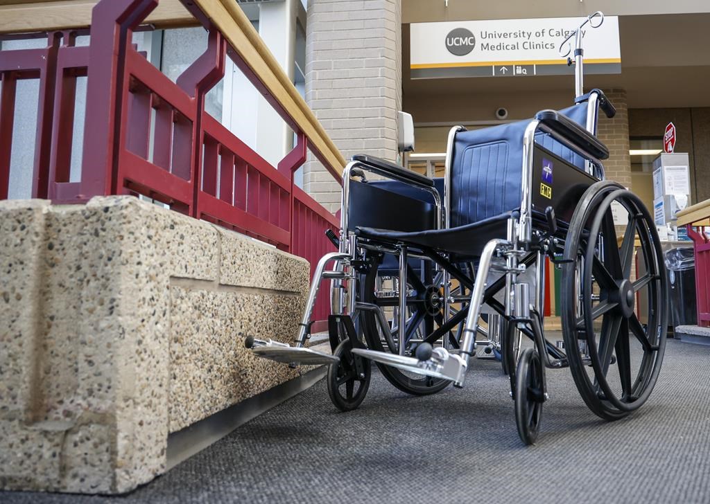 A new report says Ontario is in a "crisis state" when it comes to accessibility, noting it's a "near certainty" the government will fail to meet its goal of making the province accessible for people with disabilities by 2025.Wheelchairs await non-ambulatory patients at the University of Calgary Medical Clinic in Calgary, Alta., Thursday, Nov. 17, 2022. THE CANADIAN PRESS/Jeff McIntosh.