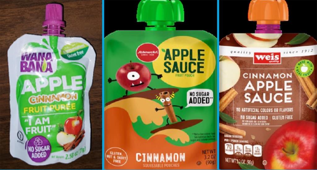 This image provided by the U.S. Food and Drug Administration on Thursday, Nov. 17, 2023, shows three recalled applesauce products - WanaBana apple cinnamon fruit puree pouches, Schnucks-brand cinnamon-flavored applesauce pouches and variety pack, and Weis-brand cinnamon applesauce pouches. U.S. food inspectors found “extremely high” lead levels in cinnamon at a plant in Ecuador that made applesauce pouches tainted with the metal. The recalled pouches have been linked to dozens of illnesses in U.S. kids. The FDA said Monday, Dec. 18, 2023, the agency is continuing to investigate. (FDA via AP).
