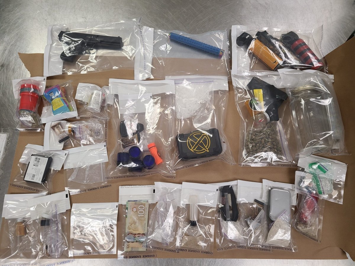 An Okotoks teen was charged after a search of his vehicle allegedly uncovered illegal drugs and prohibited weapons, Mounties said.