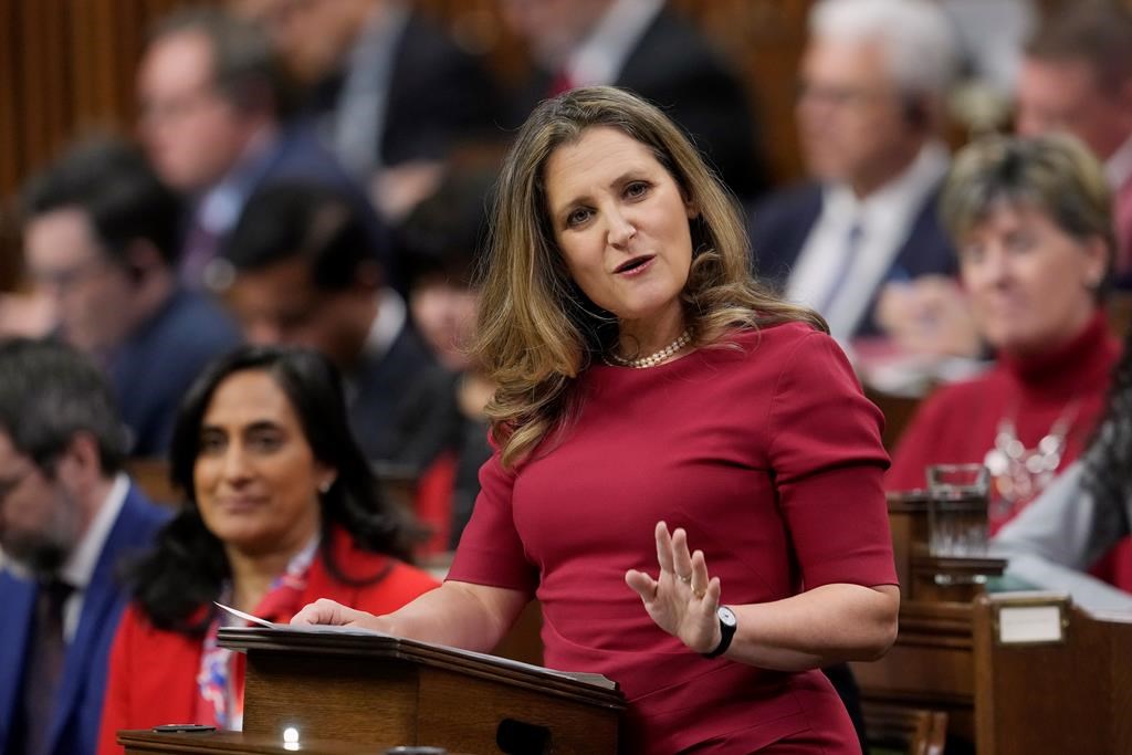 Minister of Finance Chrystia Freeland delivers the 2023 Fall Economic Statement in the House of Commons, Tuesday, Nov. 21, 2023 in Ottawa. A Calgary carbon capture company has signed a first-of-its-kind carbon offtake agreement with the federal government. THE CANADIAN PRESS/Adrian Wyld.
