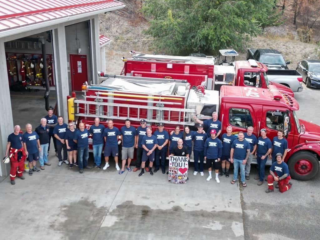 Members of the Wilson’s Landing, B.C., Fire Department pose for a group photo in a September 2023, handout image, about three weeks after a fast-moving wildfire swept through their small community on the shores of Okanagan Lake, near West Kelowna, B.C. THE CANADIAN PRESS/HO-Lt. Frank McKenzie.