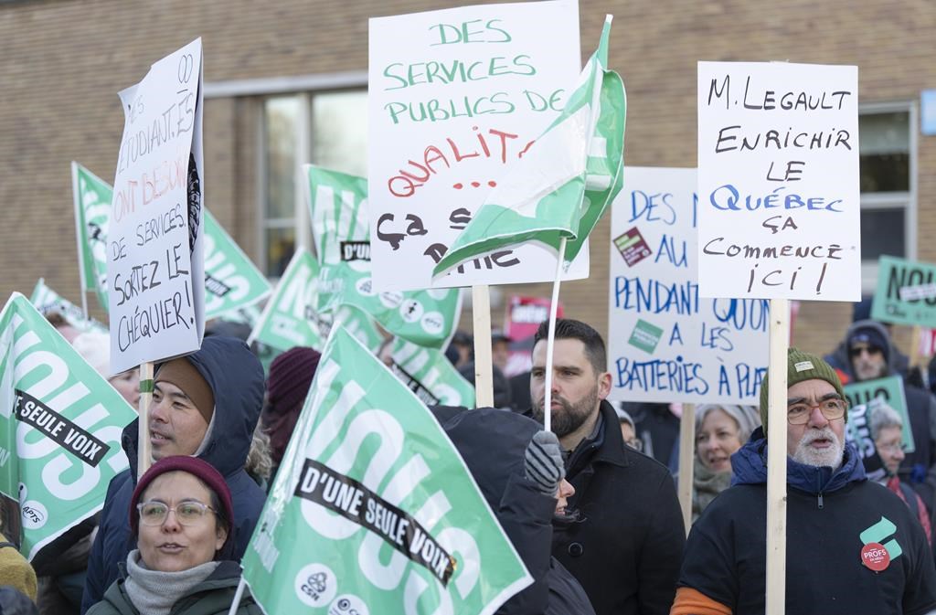 Quebec public sector workers in health, education and social services hold a day-long strike in Montreal, Monday, Nov. 6, 2023.