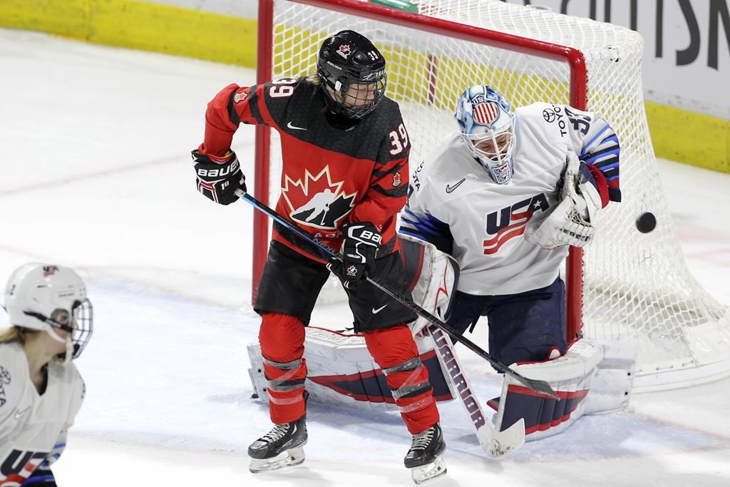 United States goaltender Alex Rigsby (33) makes a save in front of Canada forward Ann-Sophie Bettez (39) during second period National Women's Team Rivalry Series hockey in London, Ont., on Tuesday, Feb. 12, 2019. THE CANADIAN PRESS/Nicole Osborne.