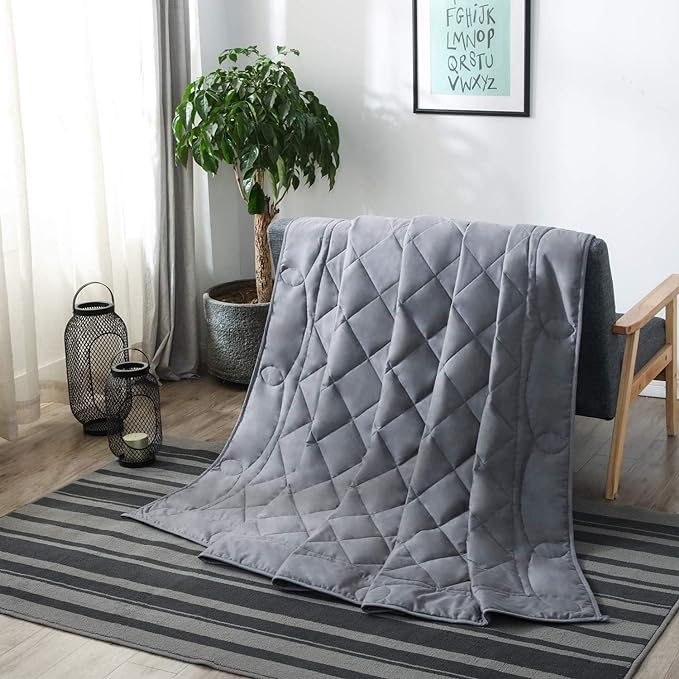 A grey, quilted weighted blanket.