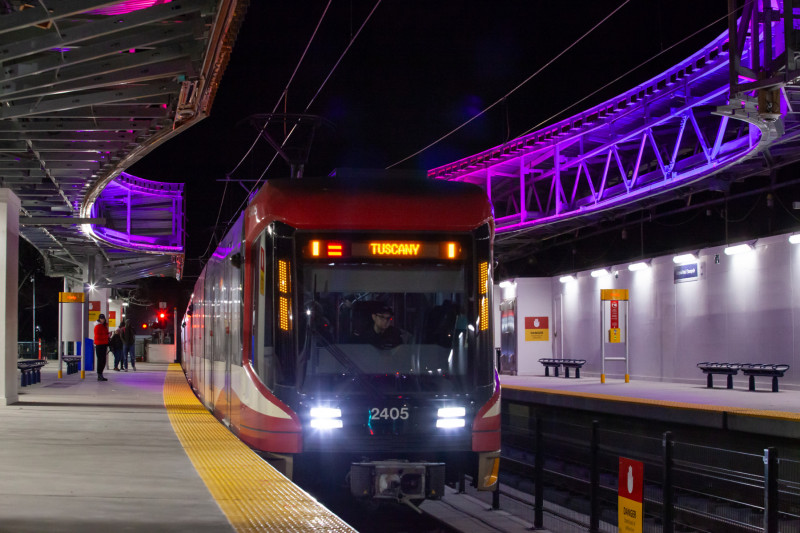 A CTrain arrives at the new Victoria Park/Stampede station following a nine-day station swap.