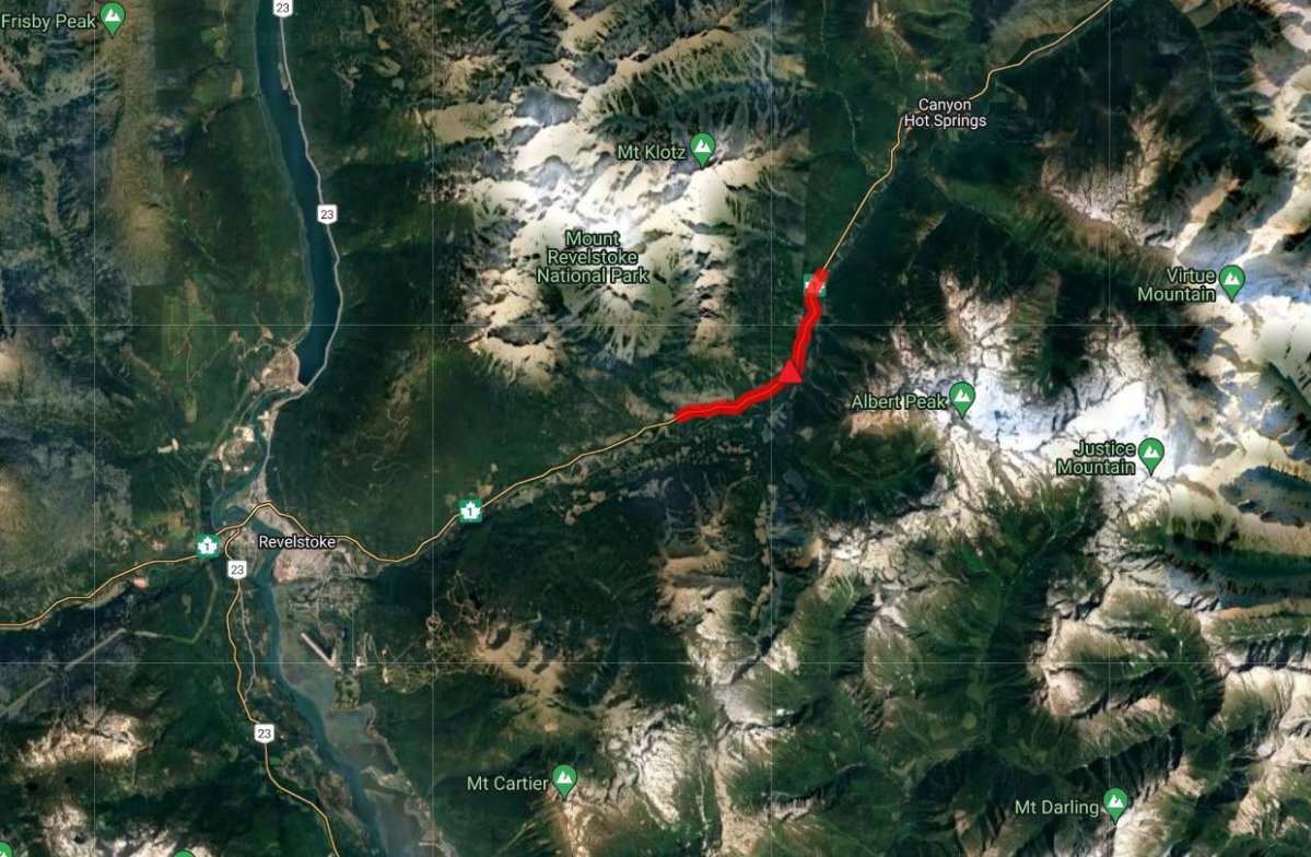 A map showing the location of the vehicle incident along the Trans-Canada Highway east of Revelstoke, B.C.